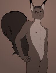 absurd_res anthro big_tail buckteeth claws cuntboy ear_tuft genitals hazel_byrne hazel_byrne_(artist) hi_res intersex mammal monochrome nipple_piercing nipples piercing pussy rodent sciurid sepia smug smug_grin solo squirrel tail teeth tree_squirrel tuft vulva