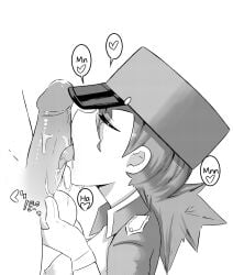 akatosh_el_shota_furro balls balls_fondling breasts closed_eyes fellatio female hair hair_between_eyes hi_res human licking licking_penis light-skinned_female male monochrome officer_jenny_(pokemon) oral oral_sex penis pokemon police police_uniform saliva spanish_text text tongue tongue_out