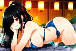 1girls ai_generated anime anime_girl ass_focus babe beautiful_background beautiful_females big_ass black_hair_female blue_bikini breasts curvy date_a_live fantasy female female_only hair_over_one_eye hoop_earrings inviting_to_sex japanese lamp large_breasts laying_on_stomach looking_at_viewer onsen perfect_body red_eyes ribbon seductive seductive_look side_view spirit steam thick_thighs tokisaki_kurumi trees trj villainess voluptuous_female wood wooden_fence wooden_wall