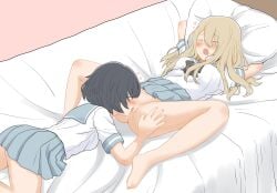 2girls absurdres all_fours arm_pillow arms_up barefoot bed black_bow black_bowtie blonde_hair blush bottomless bottomless_female bow bowtie breasts closed_eyes clothes_lift couple cunnilingus double-parted_bangs female female/female female_only fingernails from_above grey_eyes grey_hair grey_sailor_collar grey_skirt hair_between_eyes hair_spread_out hand_on_another's_thigh head_on_pillow heart hearts hearts_around_head highres kurosawa_karura lesbian_sex licking_pussy long_bangs long_hair lying medium_breasts miniskirt multiple_girls no_panties on_back on_bed open_mouth oral original pillow pleated_skirt raised_inner_eyebrows sailor_collar school_uniform serafuku shaved_pussy shirt short_hair short_sleeves skirt skirt_lift spread_legs toenails tongue tongue_out uncensored white_shirt yuri