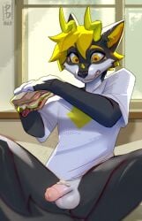 anthro aroused balls building canid canine canis cheek_tuft clothed clothing eating eating_food embarrassed facial_tuft fluffy fluffy_hair food genitals hair hi_res holding_food holding_object horn house ignatius_walker_(walk-w-igny) igny_superstar inside looking_down male mammal mayonnaise morning no_underwear nude nude_anthro nude_male pajama_shirt pantsless paper_demon penis sandwich_(food) sauce shy solo tuft wolf