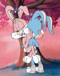 1boy 1boy1girl 1girls animal_ears babs_bunny blue_hair blue_skin blurry blurry_background bow breasts buster_bunny depth_of_field facing_away female from_behind gradient_hair hair_ribbon large_breasts long_hair male multicolored_hair no_humans outdoors pink_hair ribbon standing tail tiny_toon_adventures tree warner_brothers white_hair
