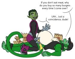 anthro beast_boy belly big_belly bloated blush briefs bulge bulge_fondling clothing dc_comics dialogue duo fur green_body green_eyes green_fur green_hair green_skin hair haplorhine humanoid lying male male/male mammal monkey on_back primate stuffing teen_titans text underwear verzisphere