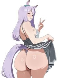1girls animal_ears ass big_ass breasts bubble_butt clothes_lift fat_ass female female_only grin horse_ears horse_girl horse_tail huge_ass jxzuke large_ass long_hair looking_at_viewer looking_back mejiro_mcqueen_(umamusume) panties purple_eyes purple_hair simple_background small_breasts smile solo solo_female tail thong umamusume underwear v white_background