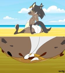 2024 absurd_res anthro ass beach big_ass bikini black_hair blue_sky brown_body brown_fur clothing duo female flattened fur herpestid hi_res hyena leena_(potateymatey) looking_back male mammal marley_(potateymatey) meerkat outside potateymatey sea sky spotted_hyena swimwear two-piece_swimsuit water