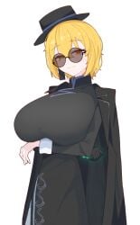 1girls :3 arms_under_breasts blonde_hair breasts busty china_dress chinese_clothes coat_on_shoulders crossed_arms don_quixote_(limbus_company) earring female female_only gloves hat huge_breasts limbus_company looking_at_viewer project_moon short_hair smile sunglasses tinted_eyewear yellow_eyes