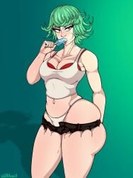1girls ass b_b_poltergeist big_ass blush breasts clothed female female_focus female_only food green_hair heart-shaped_pupils huge_ass jean_shorts licking_popsicle one-punch_man popsicle short_hair shorts small_breasts solo solo_female solo_focus superheroine tank_top tatsumaki thick thick_ass thick_thighs thong tight_clothing