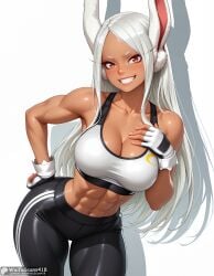 abs ai_generated animal_ear_fluff animal_ears bangs bare_shoulders black_pants blush boku_no_hero_academia breasts cleavage collarbone cowboy_shot dark-skinned_female dark_skin english_text female fingerless_gloves gloves grin hand_on_hip hand_on_own_chest high_resolution highres large_breasts lips long_eyelashes long_hair looking_at_viewer meme midriff mirko muscular muscular_female my_hero_academia navel pants parted_bangs rabbit_ears rabbit_girl red_eyes smile solo sports_bra stable_diffusion teeth thighs waifuscans418 white_gloves white_hair white_sports_bra