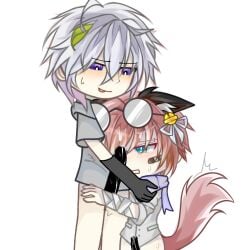 blowjob blue_eyes cum cum_on_face gacha gacha_art gacha_heat human pink_hair purple_eyes white_background white_hair