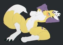 anthro armwear bandai_namco big_breasts blue_eyes blush breasts canid canine claws clothing digimon digimon_(species) featureless_crotch female fox fur grey_background hands_behind_head ilp0 looking_at_viewer lying mammal nipples renamon simple_background solo thick_thighs tuft white_body white_fur wide_hips yellow_body yellow_fur