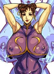 2d armpit_stubble armpits arms_up asian asian_female busty capcom chun-li female female_focus female_only hands_behind_head hourglass_figure lactating lactation pose posing solidusgrilo standing street_fighter tagme wide_hips
