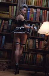 1girls absurdres android artist_name ass asshole detached_collar detroit:_become_human exhibitionism eye_contact female female_only from_behind from_behind_position high_heels indoors kara_(detroit:_become_human) lamp maid maid_headdress maid_uniform missally no_panties peeking_out pussy robot_girl round_ass seductive_eyes seductive_look seductive_smile showing_off_ass showing_pussy solo sony_interactive_entertainment source_request