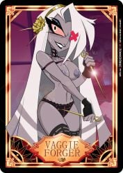 angel artist_request beach bow breasts cosplay detailed_background exhibitionism female female_only grey_body hazbin_hotel nipples open_mouth open_smile panties smile source_request standing thick_thighs vaggie_(hazbin_hotel) white_hair yor_forger