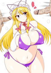 2boys bikini black_eyes blonde_hair breast_suppress breasts censored erect_nipples female gloves hair_ornament hat highres huge_breasts long_hair masturbation multiple_boys navel penis puffy_nipples purple_bikini purple_swimsuit simple_background solo_focus standing swimsuit thigh_gap touhou wedge white_background white_gloves wide_hips yukari_yakumo