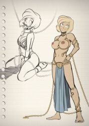2girls anchor ankle_cuffs artist_request barefoot belly_chain blonde_hair bondage bound bound_ankles bound_wrists breasts broken broken_chain chain_necklace chained chains character_request cloth_gag collar cuffs dirty_feet feet female femdom flail gagged gold_chain handcuffs hook jewelry large_breasts leash lock loincloth looking_at_viewer metal_collar monochrome multiple_girls navel nipples padlock restrained shackles short_hair siblings sickle sisters slave source_request suspension swing toe_ring topless twins