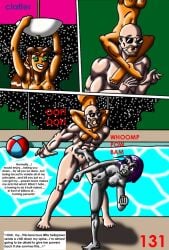 abs bald barefoot breasts comic dc dialogue english_text fight fighting genitals grey_skin kevin_kinne kicking leglock muscles muscular muscular_male naked navel nipples nude orange_skin pecs penis pool profanity purple_hair pussy rachel_roth raven_(dc) red_hair speech_bubble starfire teen_titans text water