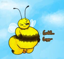 antennae_(anatomy) anthro arthropod artist_name ass balls bee belly belly_ache belly_grab big_belly big_butt biped black_eyes cloud digital_media_(artwork) emanata flaccid flying foreskin frown genitals glans glistening glistening_eyes gloves_(marking) head_tuft hi_res humanoid_genitalia humanoid_penis hymenopteran imminent_feces imminent_scat inflated_belly insect_wings insects leg_markings male markings one_eye_closed outside penis pincoosh rumbling_stomach sky socks_(marking) solo sound_effects stomach_bulge struggling text tuft vowelless vowelless_sound_effect wings yellow_body