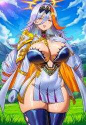1girls ai_generated baldr_(fire_emblem_heroes) breasts cape cleavage clouds coat curvy female female_only fire_emblem fire_emblem_heroes gloves grass halo hand_on_breast heterochromia high_quality highres huge_breasts mountain multicolored_hair nintendo novelai orange_eyes parted_lips pelvic_curtain silver_hair sky thick_lips thick_thighs thighhighs vermadis2x very_long_hair voluptuous voluptuous_female white_hair wide_hips yellow_eyes
