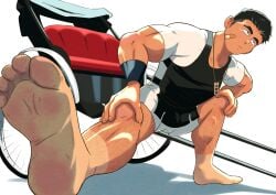 1boy 2022 barefoot foot_fetish haragake_(clothing) koiwai_kaisei male male_only necklace original rickshaw shafu simple_background solo tan_skin tanline white_background