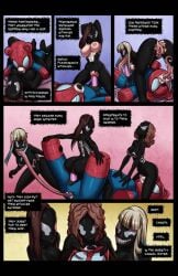 6+girls ass black_hair blindfold blonde_hair blush bodysuit breasts brown_hair cleavage english_text gloves large_breasts long_hair long_tongue mask medium_breasts monster monster_girl multiple_girls niijima_makoto ponytail red_hair sakura_futaba samus_aran short_hair silk spider_web takamaki_anne tentacle tongue white_hair white_skin zero_suit