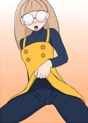bangs blonde_hair blunt_bangs blush bodysuit breasts brown_hair closed_eyes cowboy_shot dress dress_lift female flat_chest glasses gradient gradient_background lifted_by_self long_hair long_sleeves masturbation no_panties open_mouth orange_background pussy_juice pussy_juice_stain simple_background skirt_lift small_breasts solo standing swept_bangs tongue turtleneck twintails uniform