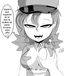 akatosh_el_shota_furro breast_squeeze breasts dialogue female groping_breasts hair hair_between_eyes hand heart human looking_at_viewer monochrome officer_jenny_(pokemon) open_mouth pokemon police police_uniform spanish_text squeezing