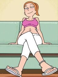 anklet bare_belly belly_piercing bracelet couch crop_top flip_flops leggings naughty_face orange_hair red_hair rick_and_morty summer_smith