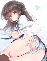 ass bed_sheet black_hair black_legwear blue_bra blue_panties blush bra breasts brown_eyes female heart kneehighs long_hair looking_back mochiko_(x-game) nipples one_side_up open_mouth original panties pussy simple_background skirt solo spread_pussy underwear