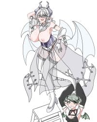 2girls alternate_version_available areolae arianna_the_labrynth_servant blush curvy demon demon_girl demon_horns demon_wings duel_monster earrings female green_eyes hips huge_breasts labrynth_of_the_silver_castle legwear leotard lovely_labrynth_of_the_silver_castle nipples open_mouth pose silver_eyes thighhighs twintails white_background white_hair yu-gi-oh! yumhy