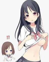 2girls black_hair blue_eyes blush breasts brown_hair itsumi_(itumiyuo) long_hair looking_at_viewer multiple_girls navel onjouji_toki saki saki_achiga-hen school_uniform serafuku shimizudani_ryuuka short_hair simple_background underboob undressing