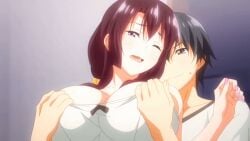 1boy 1girls 2022 20s animated black_hair breasts brown_hair clothes_pull collarbone female garden_~takamine-ke_no_nirinka~ hair_between_eyes indoors large_breasts male nipples one_eye_closed open_mouth shirt_pull sidelocks straight sweat tagme takamine_sayuri tank_top tomoya_(garden_~takamine-ke_no_nirinka~)
