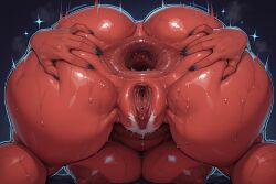 1girls ai_generated areolae ass asshole black_sclera breasts claws dark_areola dark_nipples female female_only female_pubic_hair hairy_pussy large_areolae large_breasts naked naked_female navel nipples oni oni_female pubic_hair pussy red_eyes red_oni red_skin spread_anus sweat sweaty sweaty_ass vagina white_hair yashugai yokai