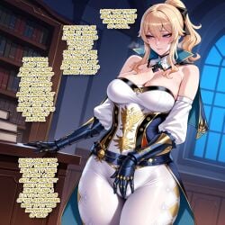 ... 1girls ai_generated bare_shoulders blonde_hair blue_eyes blush book bookshelf breasts capelet cleavage corset desk detached_collar detached_sleeves english_text female genshin_impact high_ponytail holding_book hoyoverse indoors jean_gunnhildr library light-skinned_female masturbation mihoyo mogu-tyan pants profanity quill sidelocks solo speech_bubble text thought_bubble tight tight_pants white_pants window