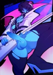 blue_body blue_skin clothing_malfunction cock_out deltarune digos dyed_hair femboy guitar heels jacket jacket_open kris_(deltarune) leotard male male_only nipple_out nipples nonbinary_(lore) notdiegues painted_nails playing_guitar presenting presenting_penis ripped_clothing ripped_pants rock rock_out_with_your_cock_out rocker rockstar sweating undertale_(series)