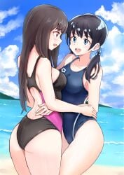 2girls :d arched_back ass asymmetrical_docking back back_cutout beach black_hair black_one-piece_swimsuit blue_eyes blue_one-piece_swimsuit blunt_bangs blush breast_press breasts brown_hair clothing_cutout collarbone commentary_request competition_swimsuit cowboy_shot day eye_contact face-to-face female female/female female_only groin hand_on_another's_waist highleg highleg_one-piece_swimsuit highres horizon hug long_hair looking_at_another medium_breasts mountainous_horizon multiple_girls no_sex nobita_(nbnobita) ocean one-piece_swimsuit open_mouth original outdoors profile purple_eyes safe sfw small_breasts smile standing swimsuit twintails waves yuri