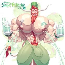 2019 alternate_version_at_source ambiguous_gender animal_humanoid beard bodily_fluids body_hair bottomwear bovid bovid_humanoid bovine bovine_humanoid bulge chest_tattoo chest_tuft clothed clothing container cup duo facial_hair green_eyes hair happy_trail hat headgear headwear hi_res holidays horn humanoid lactating male male_lactation mammal mammal_humanoid moustache mug orange_hair pants pec_squeeze projectile_lactation pubes ruaidhri_o'_bainne shamrock_shake st._patrick's_day tattoo top_hat topless tuft unusual_bodily_fluids unusual_lactation wolfiecanem