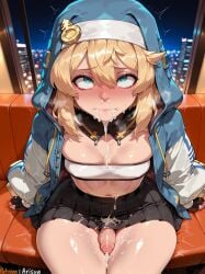 ai_generated anime anime_style arisua artist_name bandeau bangs big_breasts black_gloves black_skirt blonde_hair blue_eyes blue_jacket blush breasts bridget bukkake closed_mouth crossdressing cum cum_in_mouth cum_on_body curvy curvy_body disgusted facial fingerless_gloves gloves guilty_gear gulping hair_between_eyes hi_res high_quality high_res high_resolution highres hood hood_up hooded_jacket jacket large_breasts long_sleeves looking_at_viewer male_focus navel nose_blush open_clothes patreon penis pleated_skirt rolling_eyes sitting skirt solo stray_pubic_hair swallowing swallowing_cum tearing_up thighs trans trans_woman trembling watermark