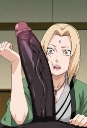 1boy 1girls ai_generated big_penis black_penis blonde_hair breasts brown_eyes dark-skinned_male dark_skin female forearm_cock green_haori grey_kimono haori interracial large_penis looking_at_penis male naruto naruto_(series) naruto_shippuden penis_measuring shocked shocked_expression tsunade veiny_penis