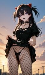 ai_generated asuka_langley_sohryu black_dress black_hair blue_eyes choker crotch dress dress_lift fishnet_legwear fishnets goth goth_girl legs makeup mascara neon_genesis_evangelion pale_skin sunset thong underwear