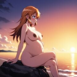1girls ai_generated beach blue_eyes blush charlotte_e._yeager cloud completely_nude dark_nipples hand_on_own_stomach large_breasts long_hair nipples novelai nude ocean orange_hair outdoors pregnant rock sitting smile solo strike_witches sunset world_witches_series