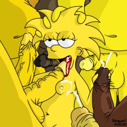 1boy 2boys animal_ears blonde_hair breasts cum disembodied_penis ejaculation erection facial fellatio female glasses hairjob handjob licking medium_breasts multiple_boys multiple_penises nipples oral penis pinky_out precum pussy small_breasts solo_focus straight tail tongue tongue_out uncensored veins veiny_penis yellow_background yellow_theme