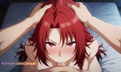 1boy 1girls ai_generated bed bedroom blush braid breasts fellatio female iris_midgar kage_no_jitsuryokusha_ni_naritakute! long_hair looking_at_viewer male nude oral patreon penis pov pussy red_eyes red_hair straight sweat the_eminence_in_shadow trembling wet_pussy zenaai