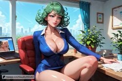 1girls ai_generated annoyed_expression big_breasts breasts cleavage curly_hair curvy female green_eyes green_hair naughtygirlsai office office_lady one-punch_man solo tatsumaki