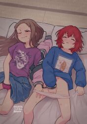 2girls artist_name blue_shorts blue_sweater brown_hair closed_eyes commentary_request dated female female_masturbation fingering gojarun highres idolmaster idolmaster_cinderella_girls koseki_reina long_hair lying masturbation multiple_girls murakami_tomoe on_back one_eye_closed panties panty_pull pillow polka_dot polka_dot_panties print_panties purple_shirt red_hair red_panties shirt short_hair shorts sweater t-shirt textless_version twitter_username underwear variant_set watermark white_panties