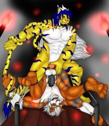 anthro arcanine bondage bound canine feline fire fur furry furry_only gay horn hunterramirez mammal muscles nintendo pockemon pokemon pokemon_(species) sex smile strypes tiger video_games