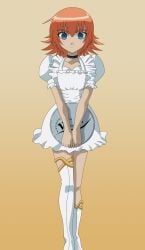 apron asymmetrical_legwear bakugan bakugan_(higher_quality_art) bakugan_new_vestroia blue_eyes choker clothed knees leggings legs light_skin looking_at_viewer medium_breasts medium_hair mira_clay mira_fermin neutral_expression nude_filter_request orange_hair sega sfw stockings thighs tray waitress waitress_outfit waitress_uniform wslasher zettai_ryouiki
