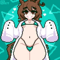 1girls :) agnes_tachyon_(umamusume) ahoge bikini breasts brown_hair clothing female female_only heart horse_ears horse_girl horse_tail labcoat micro_bikini navel octotron2000 pixel_art red_eyes self_upload small_breasts smile solo solo_female tail thick_thighs umamusume umamusume_pretty_derby vial wide_hips