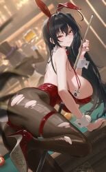 2girls animal_ears azur_lane ball billiard_ball black_pantyhose blush breasts cheshire_(azur_lane) cheshire_(the_cat_in_the_magic_hat)_(azur_lane) detached_collar fake_animal_ears fake_tail female hair_ornament hairband hanging_breasts high_heels highleg highleg_leotard highres huge_breasts id_card leotard light-skinned_female light_skin long_hair looking_at_viewer multiple_girls nail_polish official_alternate_costume pantyhose parted_lips pool_table rabbit_ears rabbit_tail red_eyes red_hairband red_leotard red_nails royal_navy_(azur_lane) rucarachi sakura_empire_(azur_lane) skindentation smile solo_focus table taihou_(azur_lane) taihou_(fun_on_the_baize)_(azur_lane) tail thigh_bow thighs torn_clothes torn_pantyhose wrist_cuffs