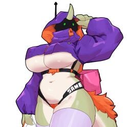 2025 4_fingers absurd_res anthro big_breasts biped breasts buta99 clothed clothed_anthro clothed_female clothing coleslaw_(buta99) countershade_fur countershade_torso countershading digital_media_(artwork) female fingers front_view fur green_body green_eyes green_fur green_tail hoodie horn huge_breasts legwear navel obscured_face panties shark_eats simple_background solo standing tail thick_thighs thigh_highs thighhighs underboob underwear white_background white_thighhighs