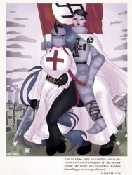 1boy 1girls adolf_hitler armor armored armored_boots armored_gloves armored_male belt big_breasts bigger_female black_fur black_hooves blue_eyes blue_hair boots breasts centaur_girl centauress cyan_hair dark_brown_hair dark_hair dictator dominant dominant_male domination english_text femsub flag german german_text germany gloves helmet helmet_covering_face helmet_girl history holy holy_aura hooves horn human human_male knight knight_armor knight_girl knight_helmet long_hair maledom maledom/femsub moustache nazi nazi_flag nazi_germany nazi_imagery not_porn older_dom_younger_sub older_male older_male_and_younger_female original_character ponytail propaganda propaganda_poster rapetard real_person s0d0my_s1n serious serious_face serious_look short_hair sky smaller_dom smaller_dom_larger_sub smaller_dominant smaller_domination smaller_male submissive submissive_female swastika sword text white_sky younger_female